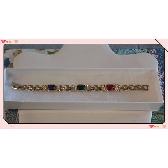 Pretty 18K YGP Multi Gemstone & Crystal Stampato Link Bracelet , - Picture 1 of 4